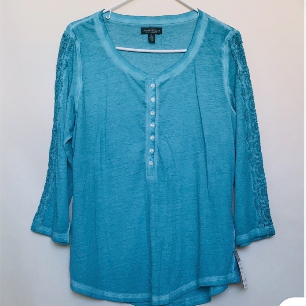 Ralph Lauren Blue Label Turquoise Blouse with Lace Sleeves